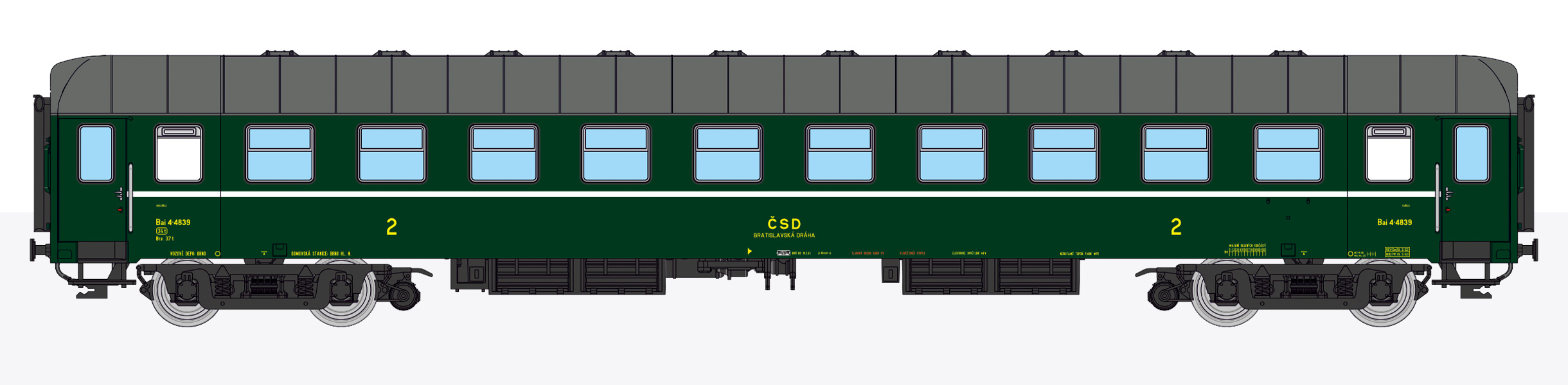 Bočný pohľad - Osobný vagón Bai – štvordverák ČSD TT | Kolmar